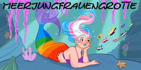 Logo der Meerjungfrauengrotte: Illustration einer 
           Meerjungfrau unter Wasser mit einen Fischschwanz in Regenbogenfarben und Haaren in den
           Farben der Trans-Flagge.